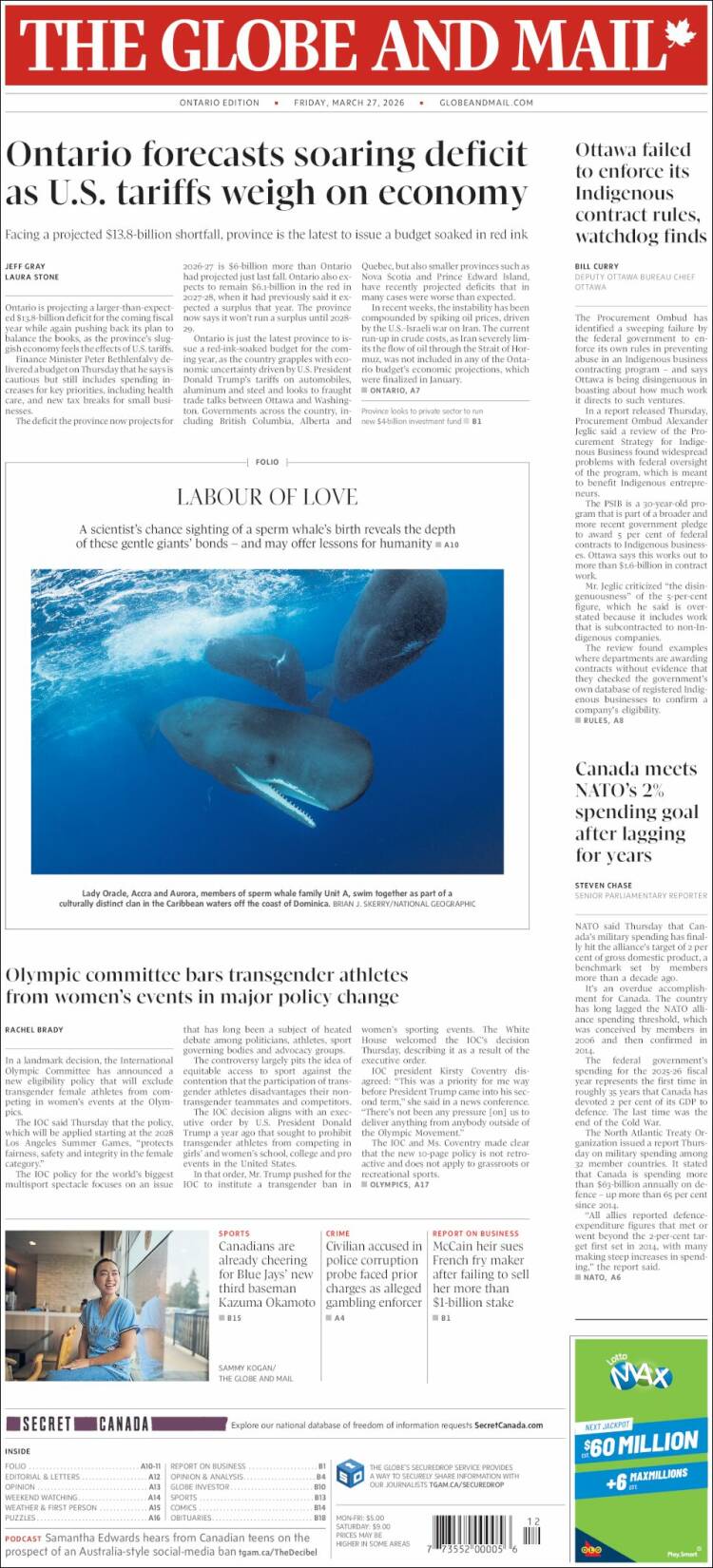 Portada de The Globe and Mail (Canad&aacute;)