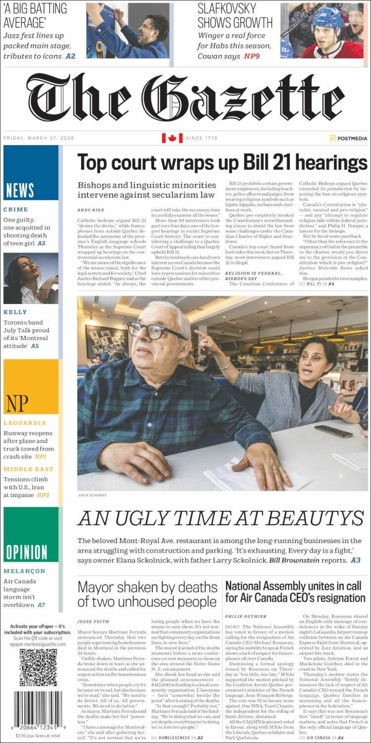 Portada de The Gazette (Canad&aacute;)