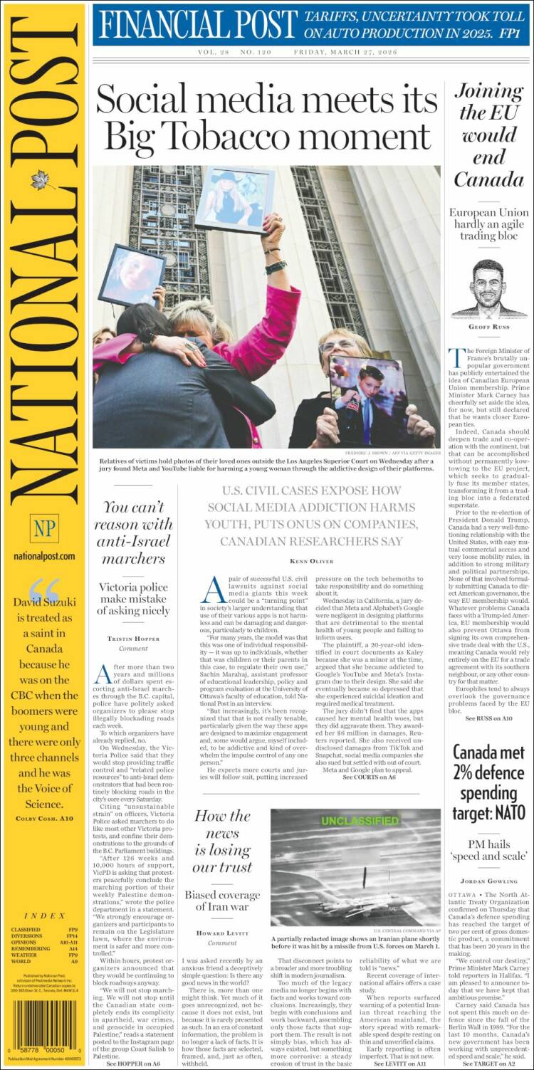 Portada de The National Post (Canad&aacute;)