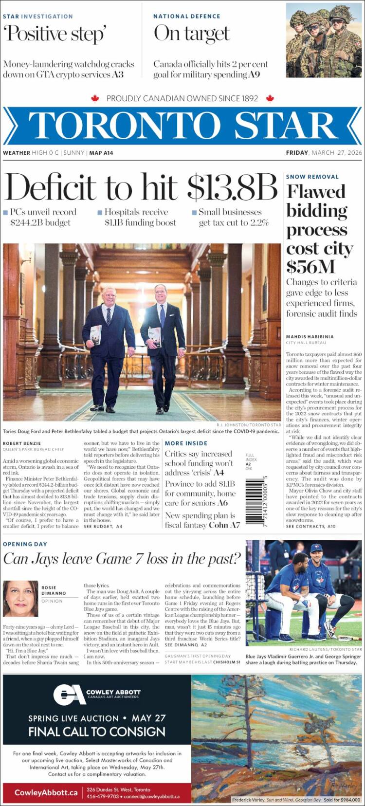 Portada de The Toronto Star (Canad&aacute;)