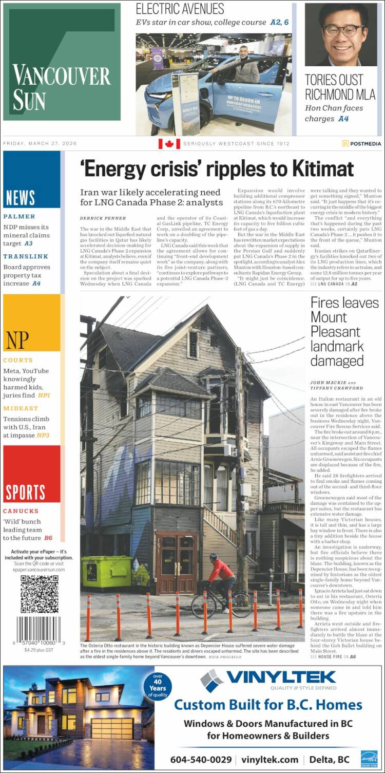 Portada de The Vancouver Sun (Canad&aacute;)