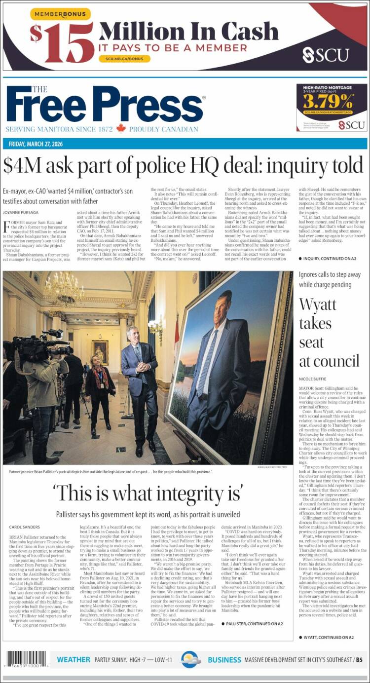 Portada de Winnipeg Free Press (Canad&aacute;)