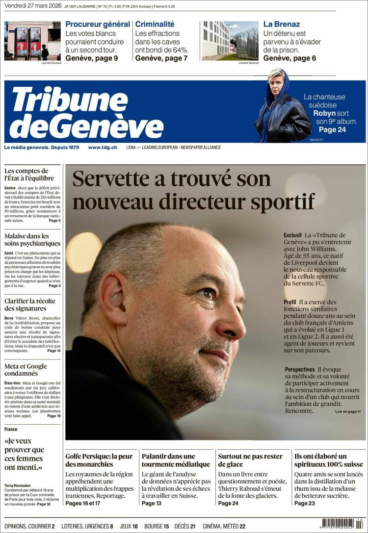 Portada de La Tribune de Genève (Suiza)