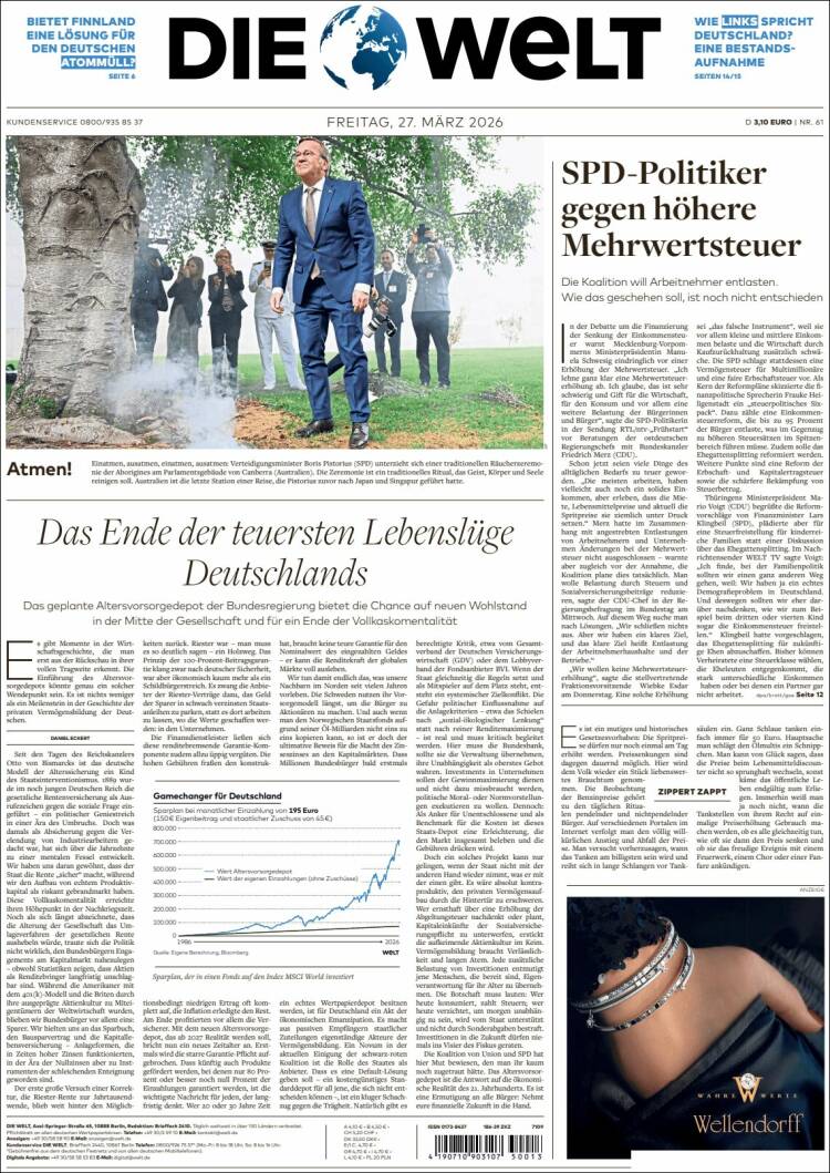 Portada de Die Welt (Alemania)