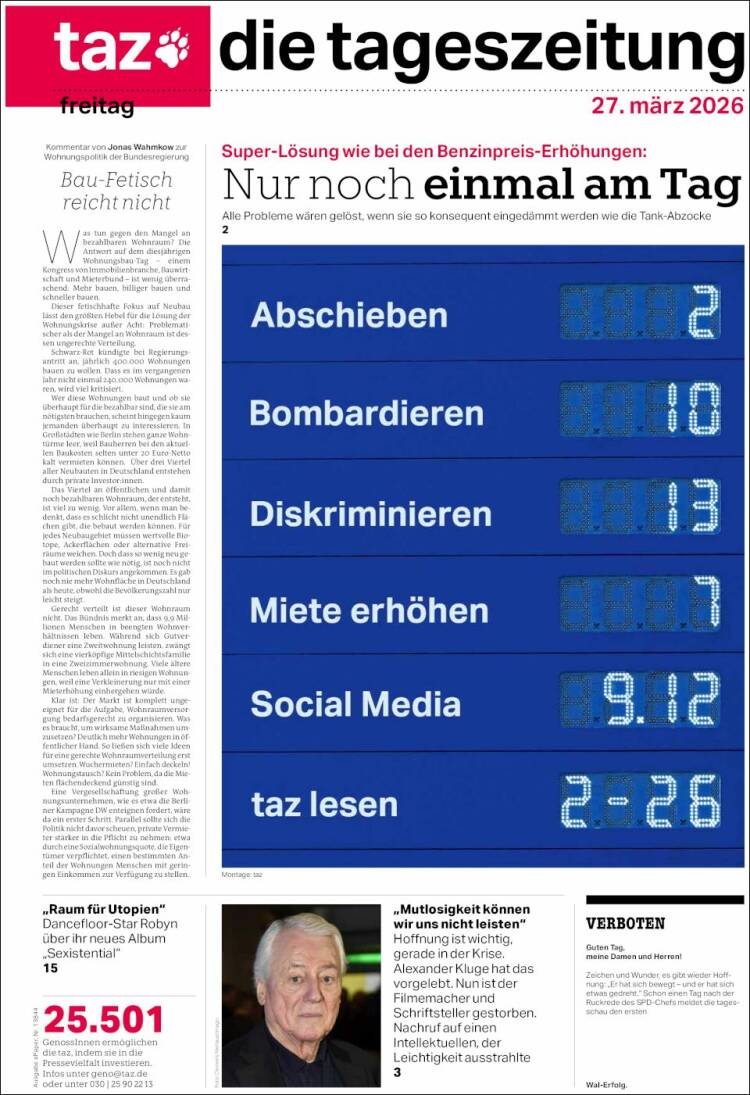 Portada de Die Tageszeitung (Alemania)