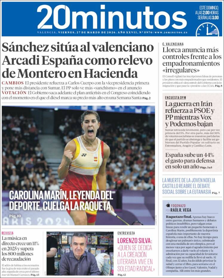 Portada de 20 Minutos - Valencia (Espa&ntilde;a)