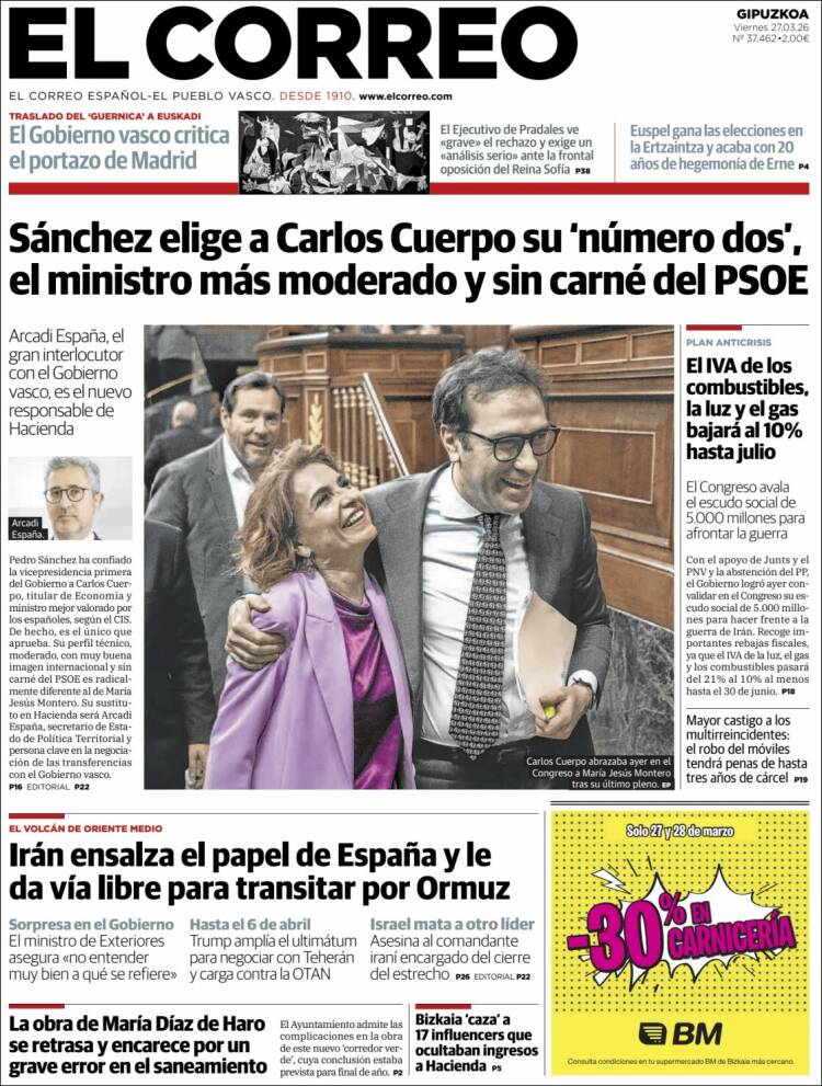 Portada de El Correo - Guipuzcoa (Espa&ntilde;a)