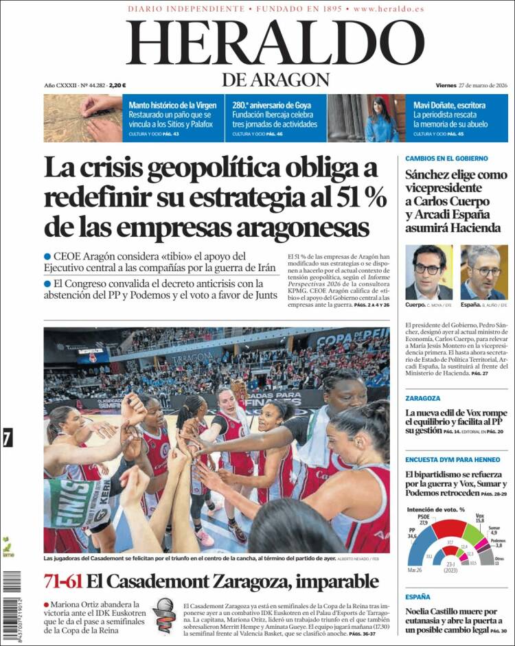 Portada de Heraldo de Aragón (Espa&ntilde;a)