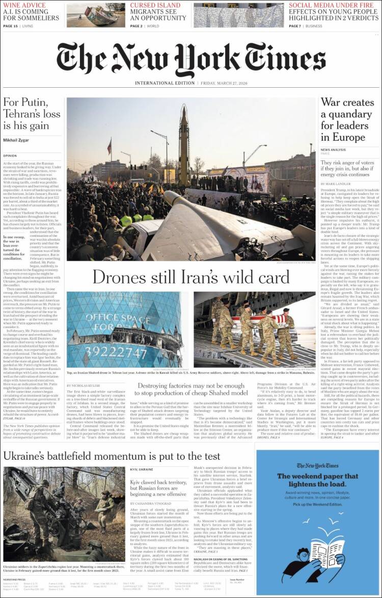 Portada de International New York Times (Europa)