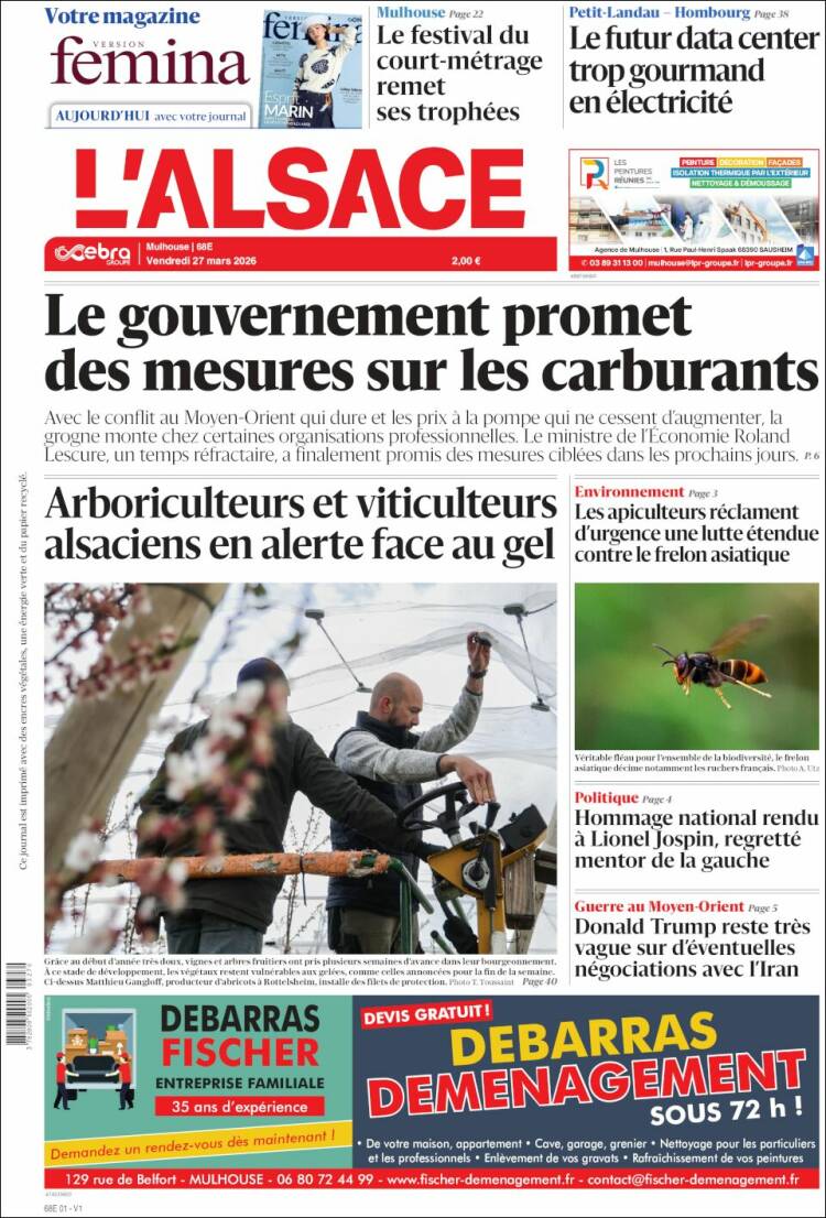 Portada de Journal L'Alsace (Francia)