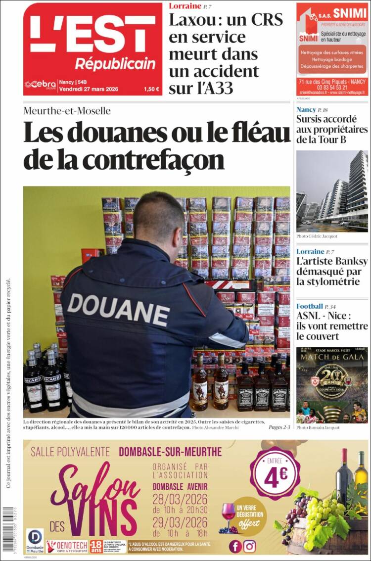 Portada de L'Est Republicain (Francia)