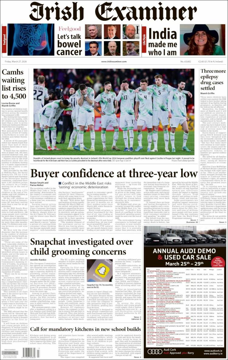 Portada de Irish Examiner (Irlanda)