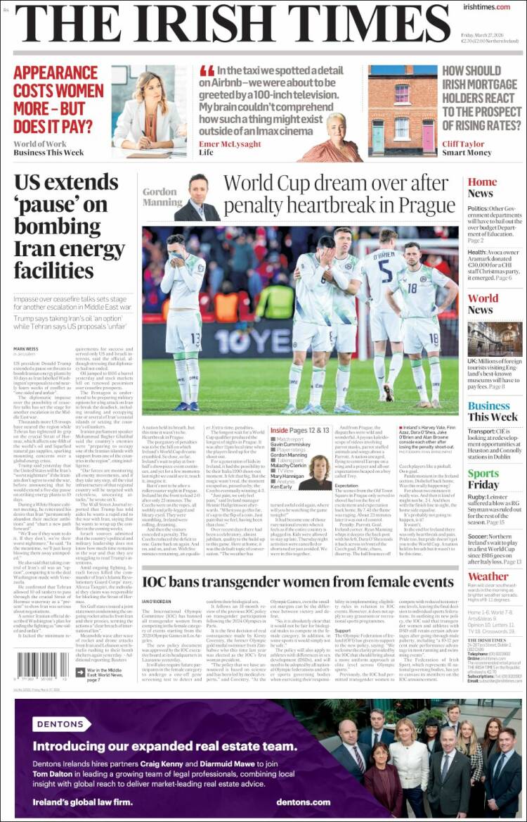 Portada de Irish Times (Irlanda)