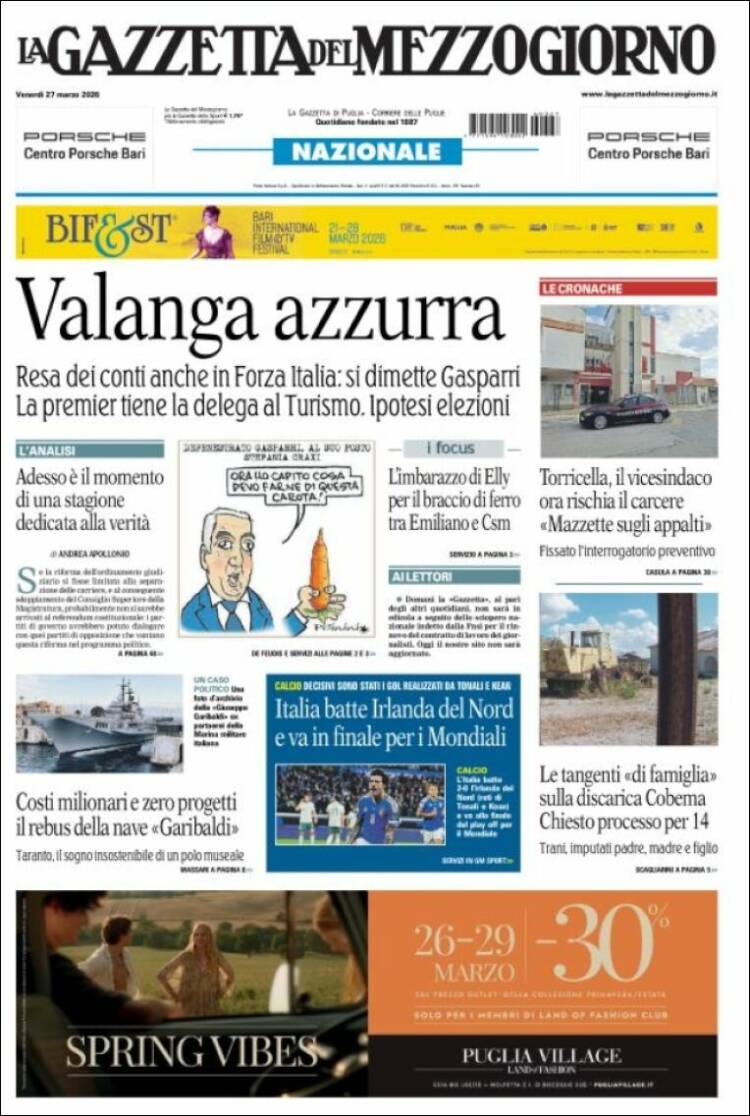 Portada de La Gazzetta del Mezzogiorno (Italia)