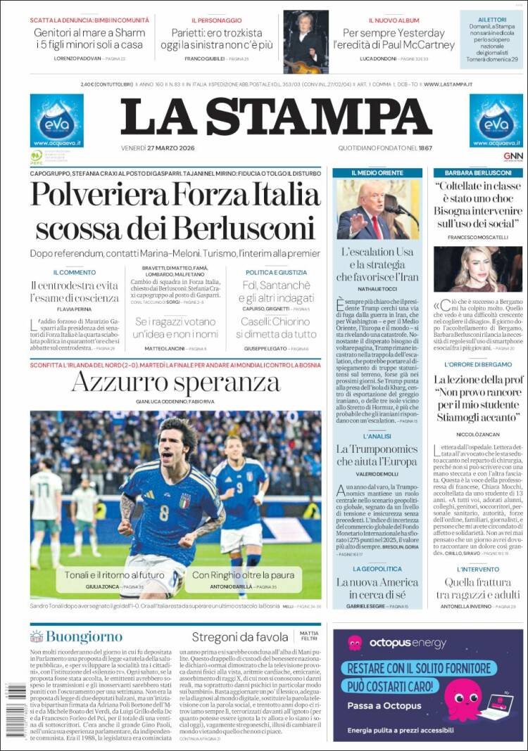 Portada de La Stampa (Italia)