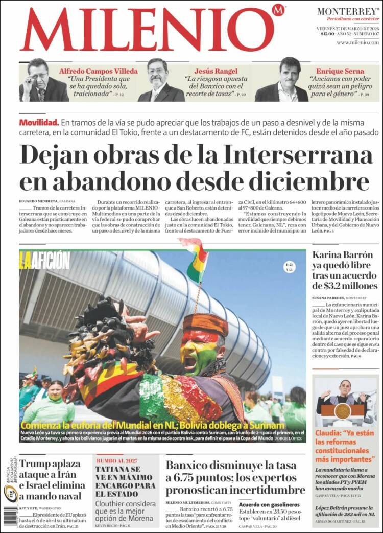 Portada de Milenio de Monterrey (M&eacute;xico)