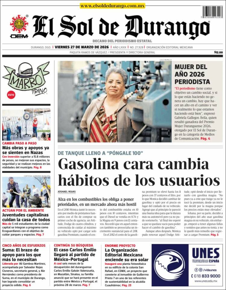 Portada de El Sol de Durango (M&eacute;xico)