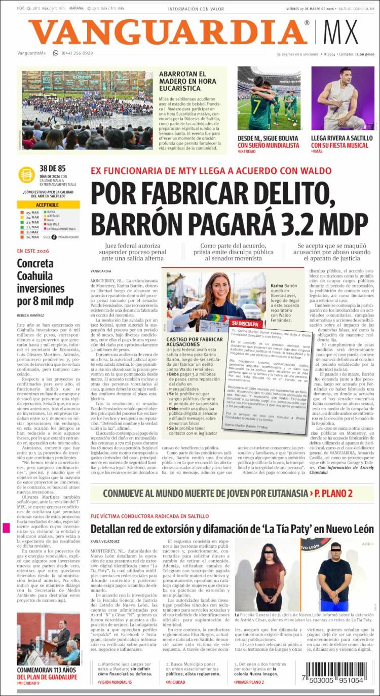 Portada de Vanguardia (M&eacute;xico)