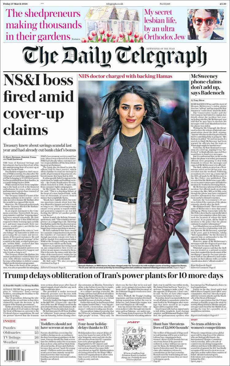 Portada de Daily Telegraph (Reino Unido)