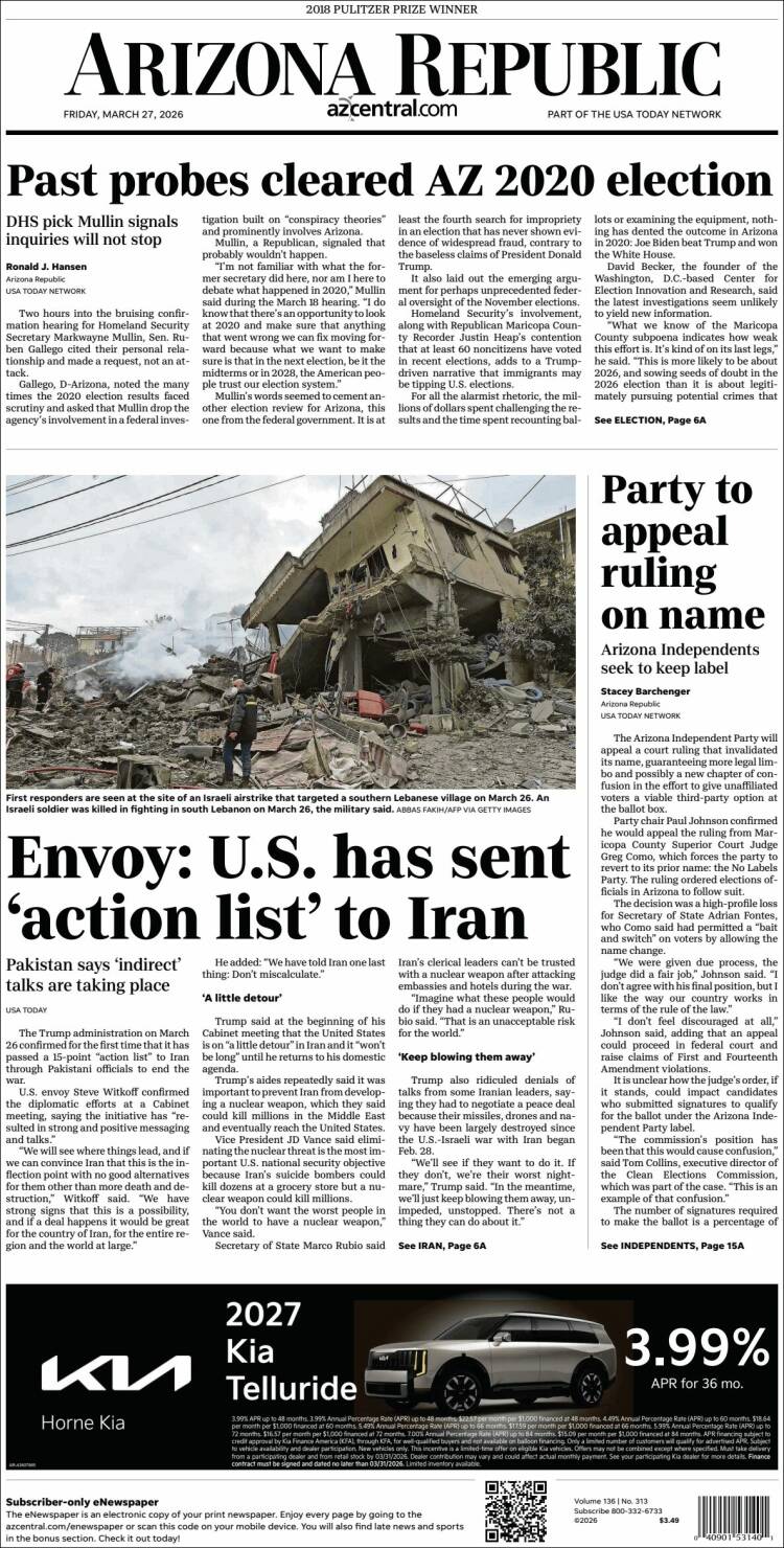 Portada de Arizona Republic News (USA)