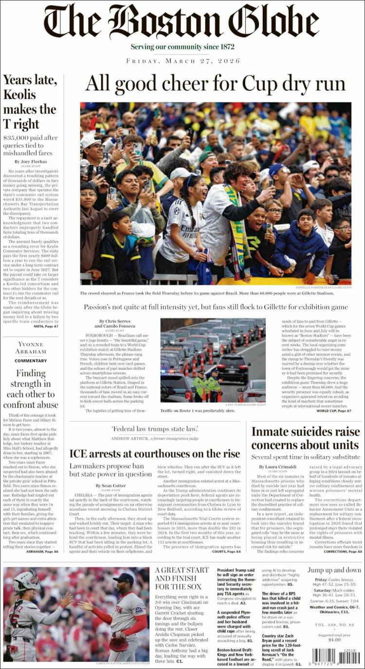 Portada de Boston Globe (USA)