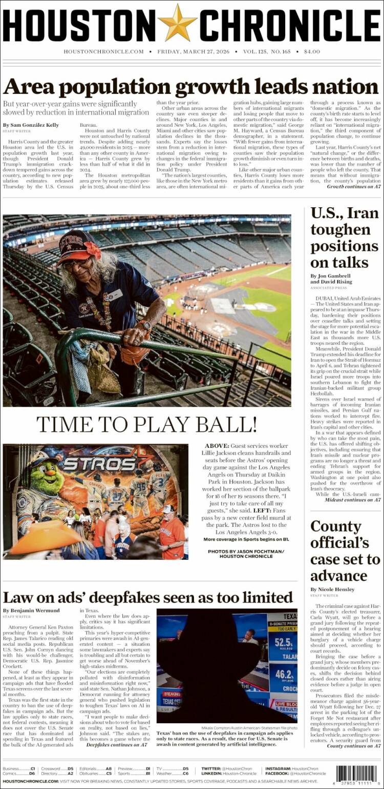 Portada de Houston Chronicle (USA)