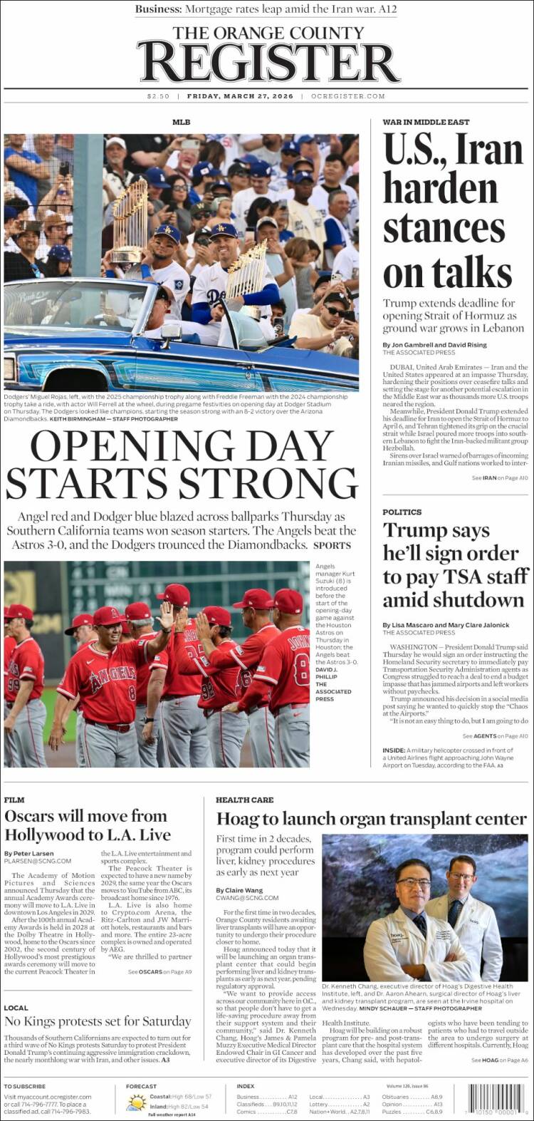 Portada de The Orange County Register (USA)