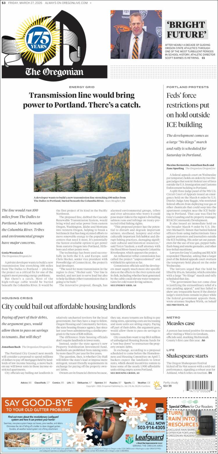 Portada de The Oregonian (USA)