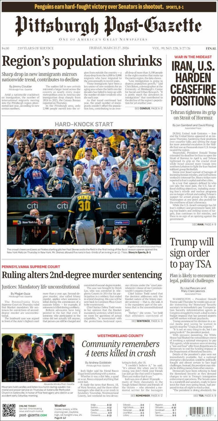 Portada de Pittsburgh Post-Gazette (USA)
