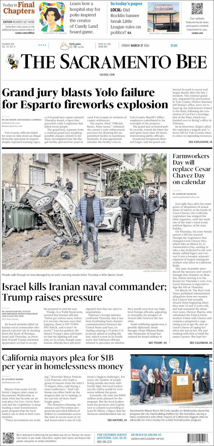 Portada de The Sacramento Bee (USA)