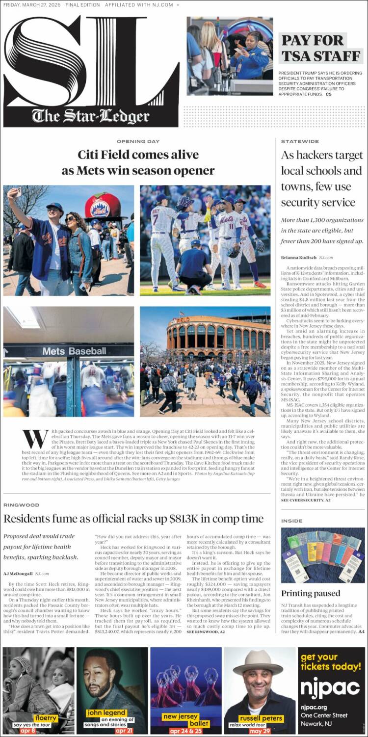 Portada de Star-Ledger (USA)