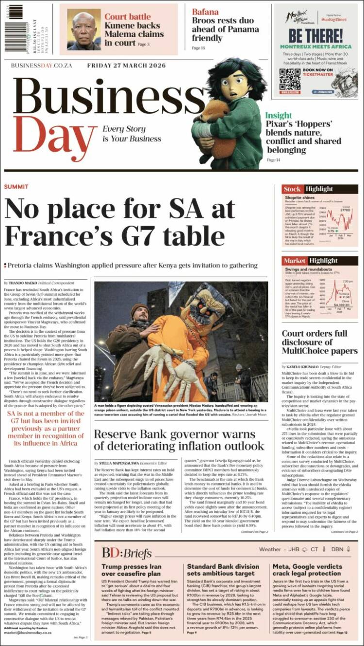 Portada de Business Day (Sud&aacute;frica)