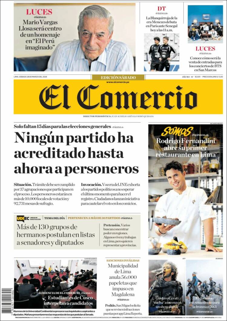 Portada de El Comercio (Per&uacute;)