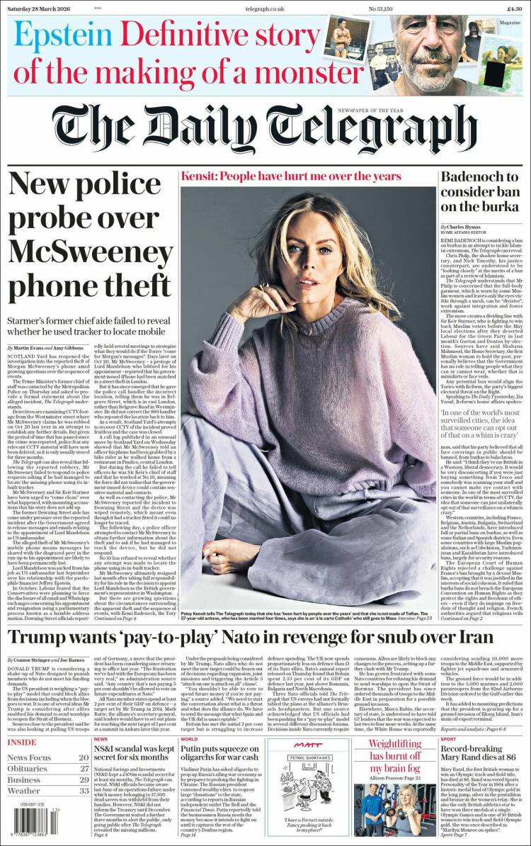 Portada de Daily Telegraph (Reino Unido)