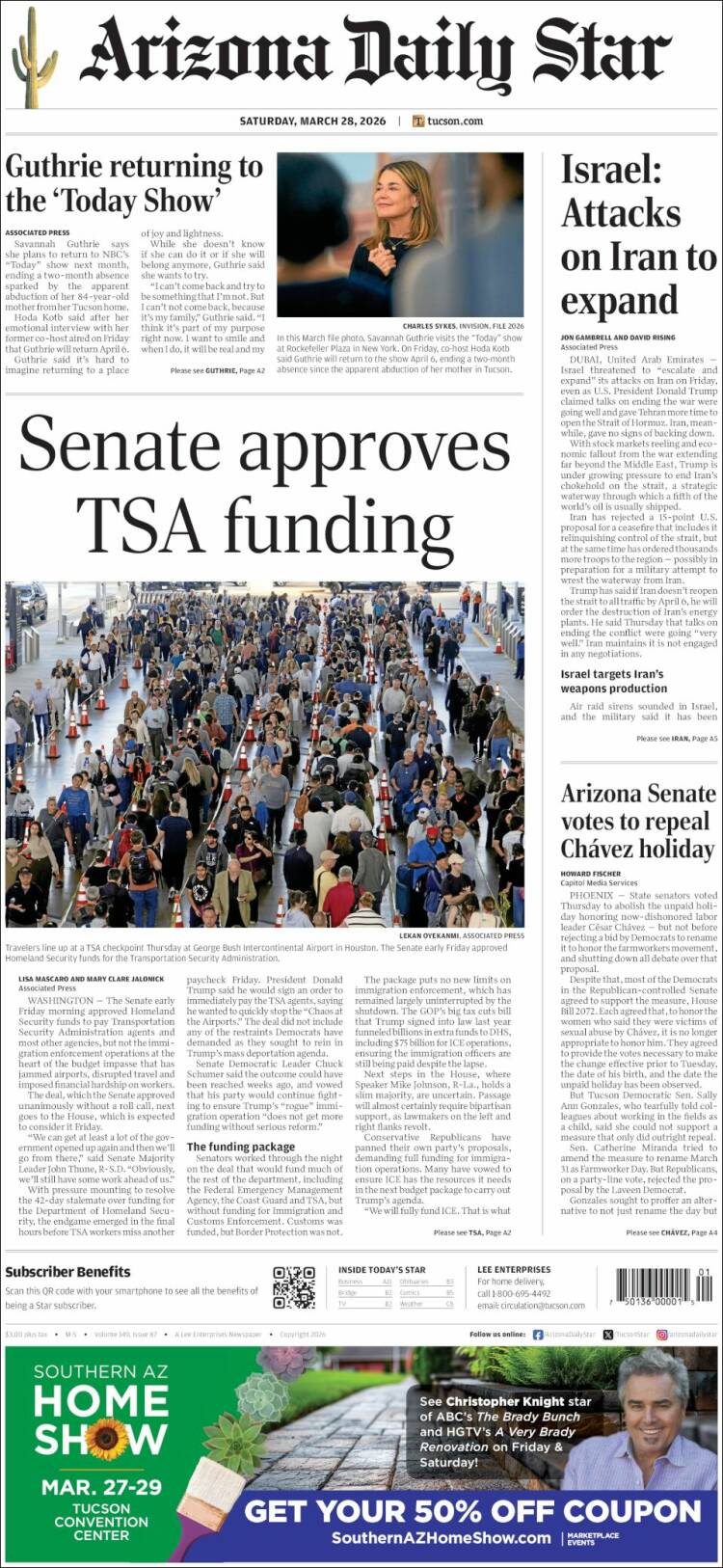 Portada de Arizona Daily Star (USA)