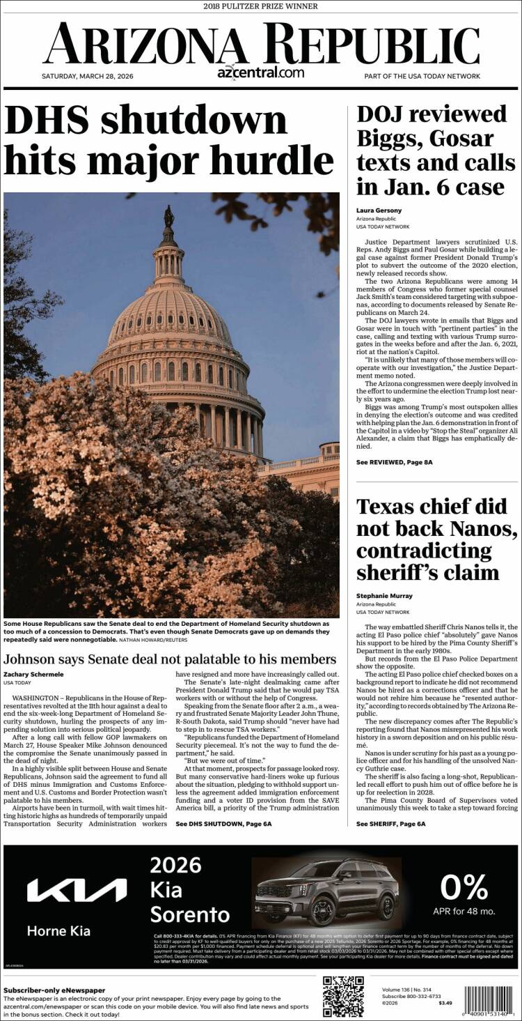 Portada de Arizona Republic News (USA)