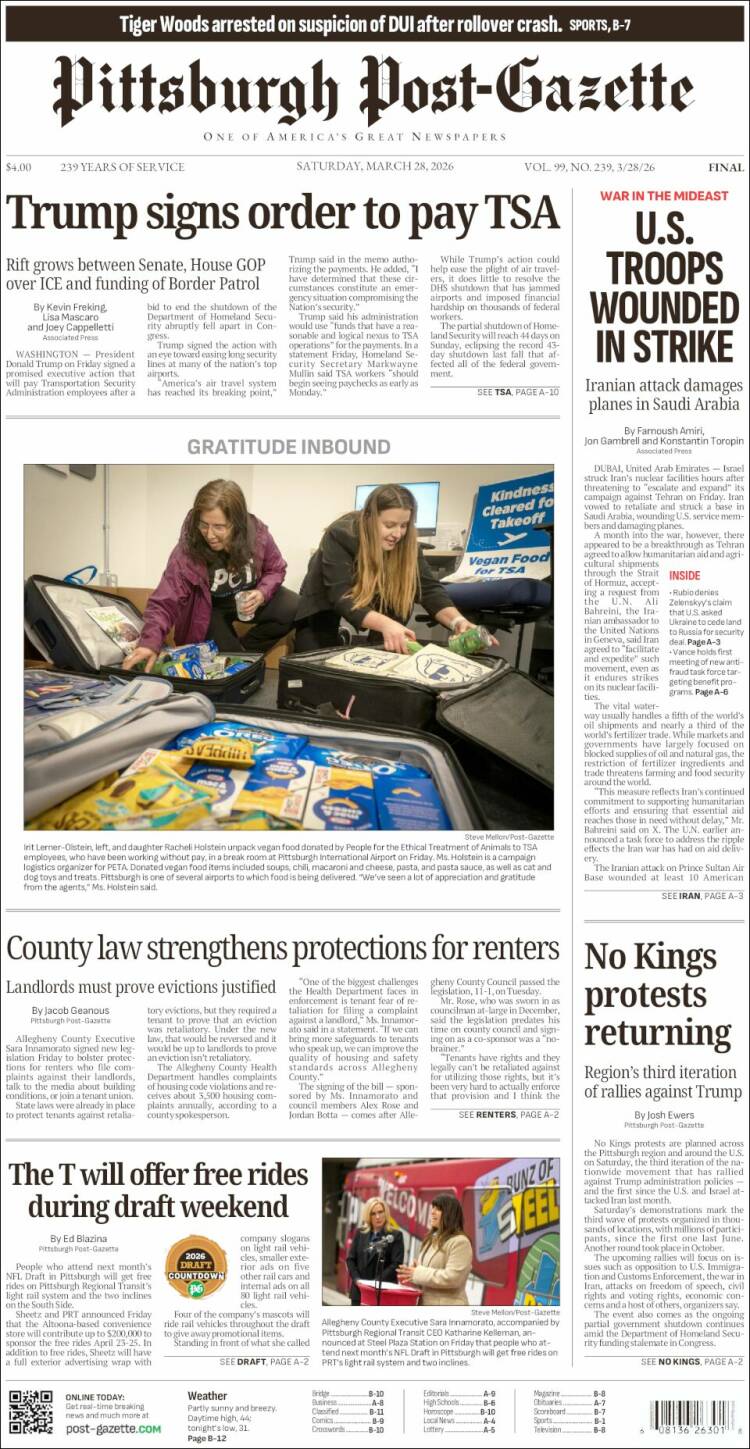 Portada de Pittsburgh Post-Gazette (USA)