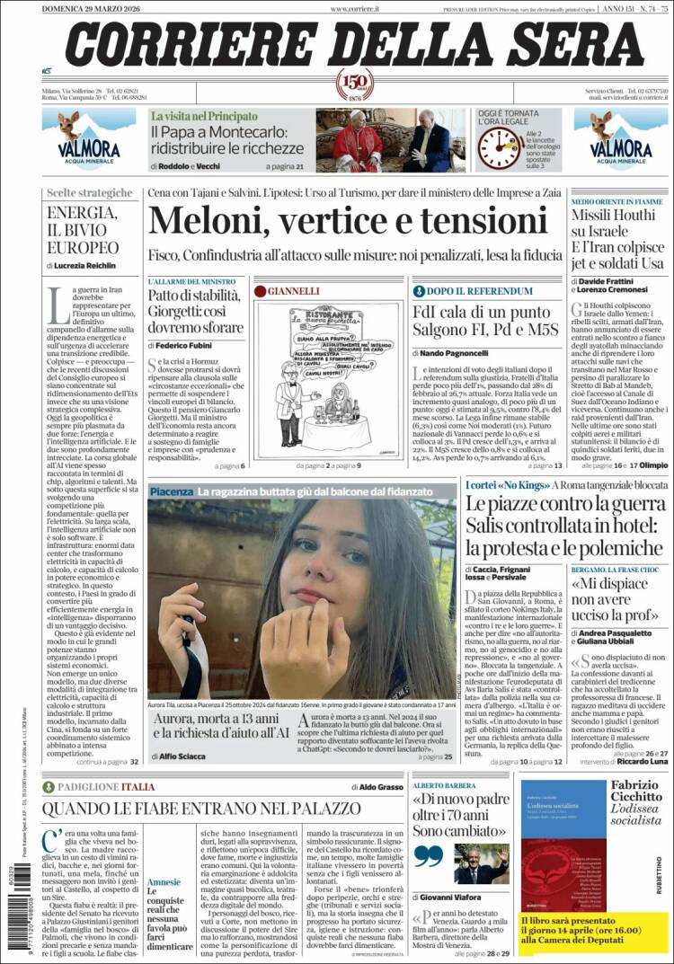 Portada de Corriere della Sera (Italia)
