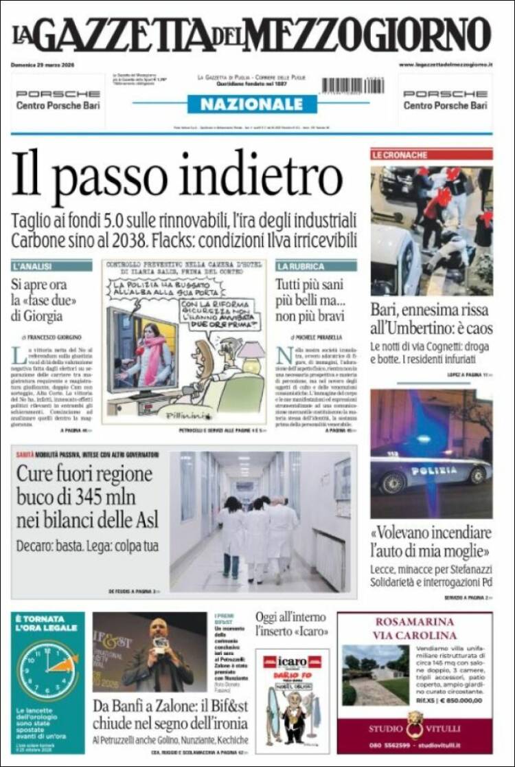 Portada de La Gazzetta del Mezzogiorno (Italia)