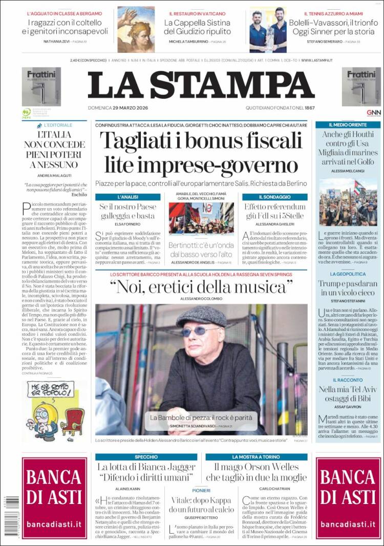 Portada de La Stampa (Italy)
