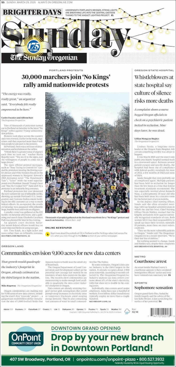 Portada de The Oregonian (USA)