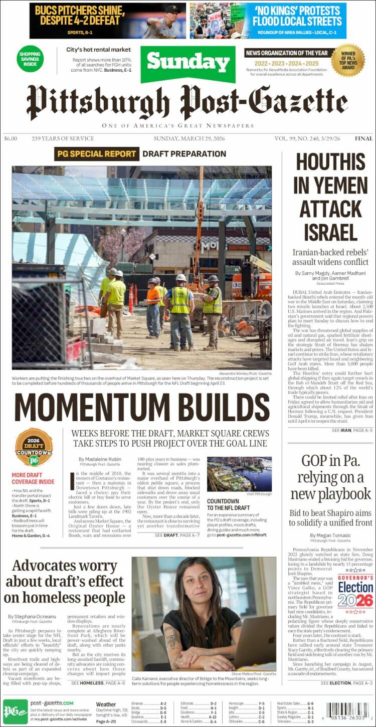 Portada de Pittsburgh Post-Gazette (USA)