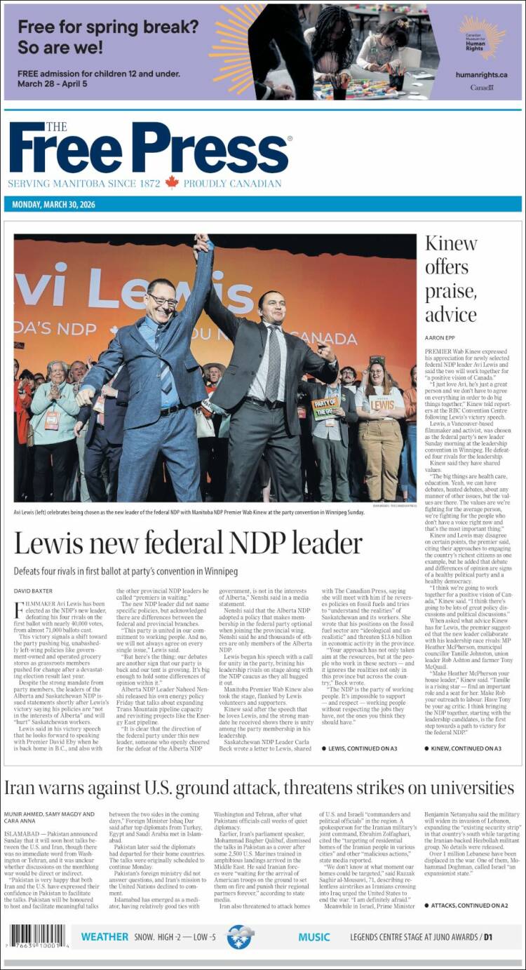 Portada de Winnipeg Free Press (Canad&aacute;)
