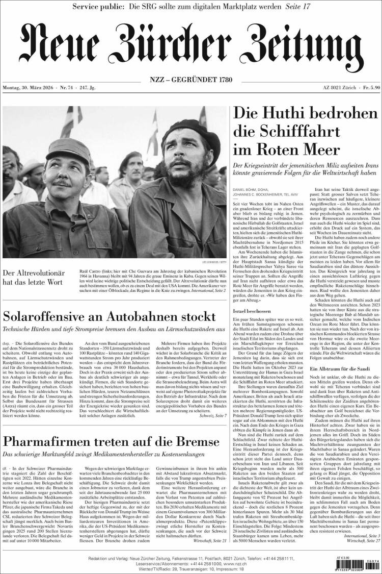 Portada de Neue Zürcher Zeitung (Suiza)