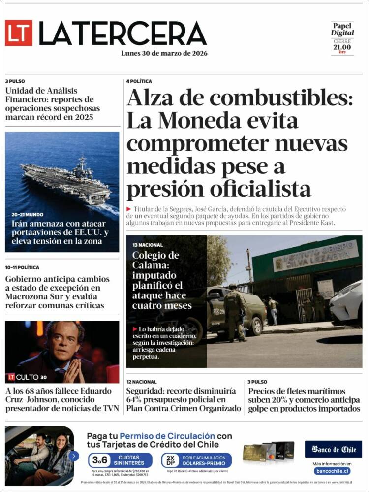 Portada de La Tercera (Chile)