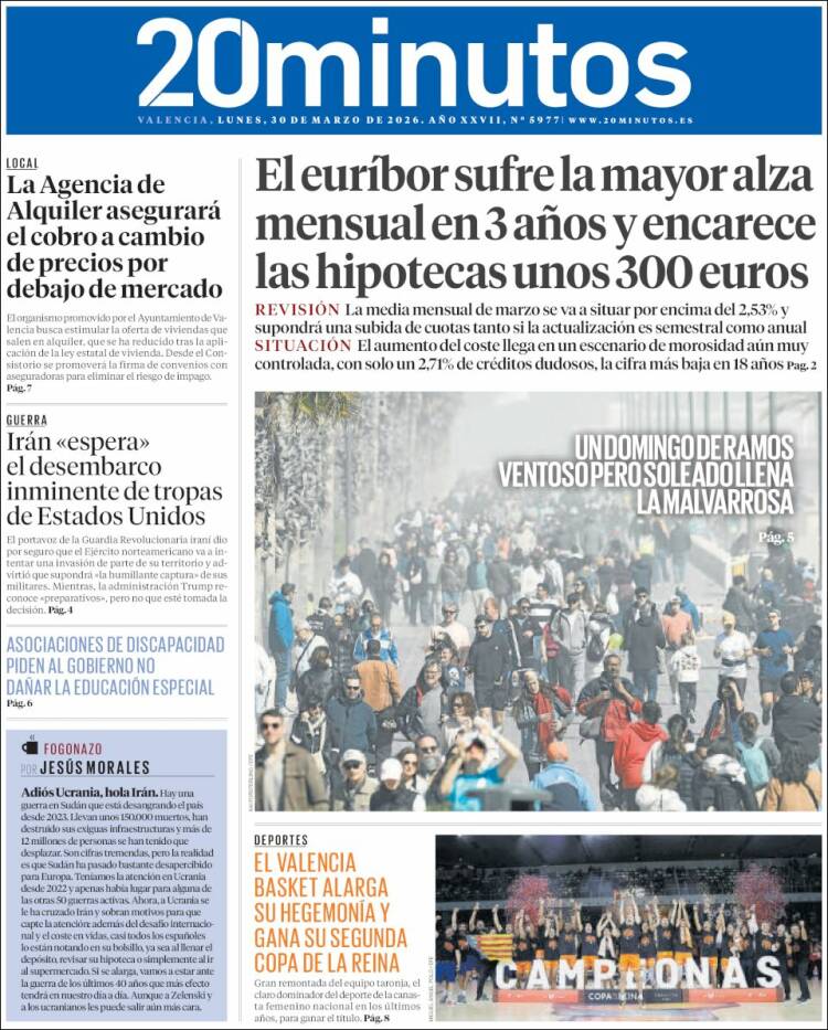 Portada de 20 Minutos - Valencia (Espa&ntilde;a)