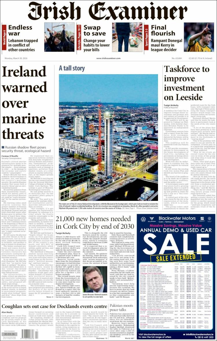 Portada de Irish Examiner (Irlanda)