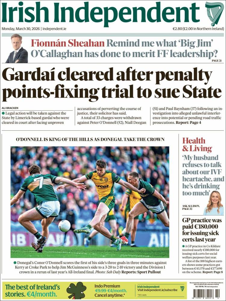 Portada de Irish Independent (Irlanda)