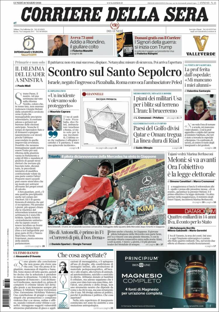 Portada de Corriere della Sera (Italia)