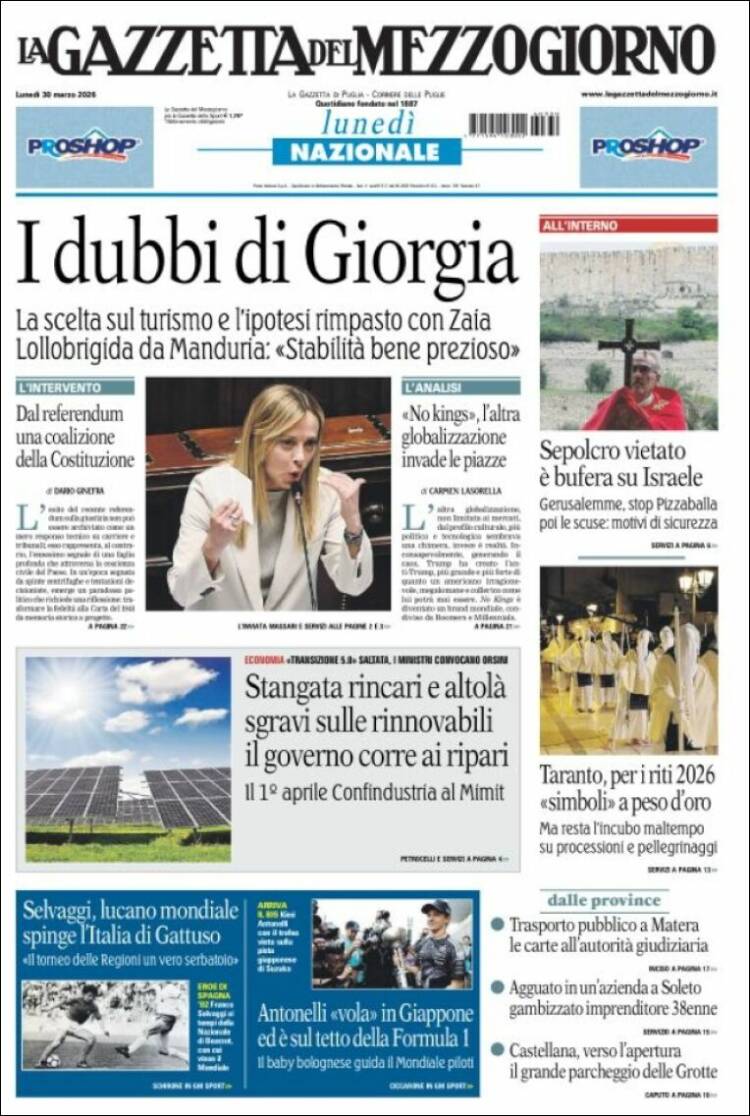 Portada de La Gazzetta del Mezzogiorno (Italia)